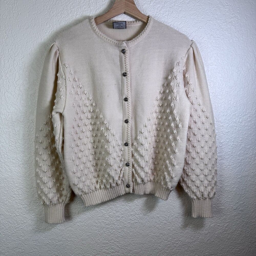 Vintage 70s Silber-Distel-Trachten Cream Wool Cardigan Silver Buttons Size 10